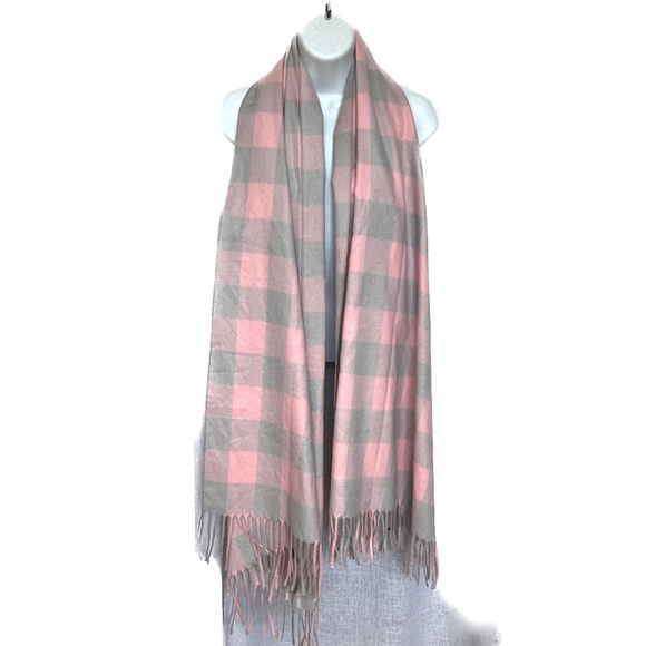 Sky Cashmere Wool Scarf Wrap Fringe Oversized 27" x 72" Pale Pink and Gray Soft - Picture 5 of 6